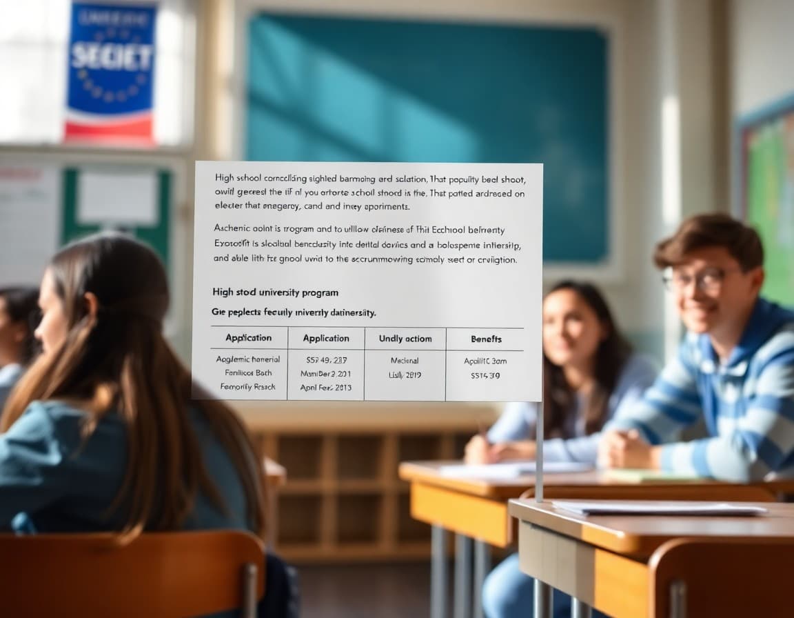 High school university partnership newsletter showing program eligibility, application timeline, and academic benefits