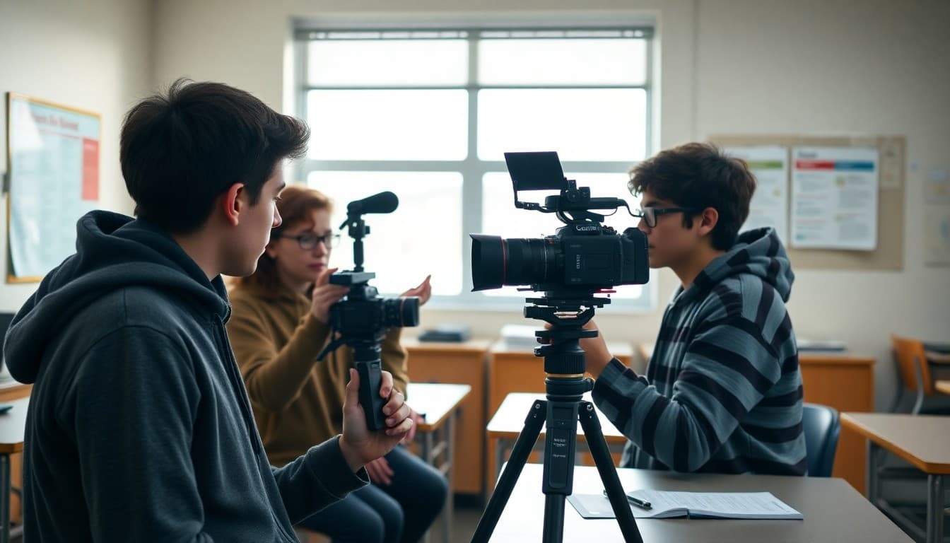 High school students filming a video project in a media lab with teacher newsletter visible on wall