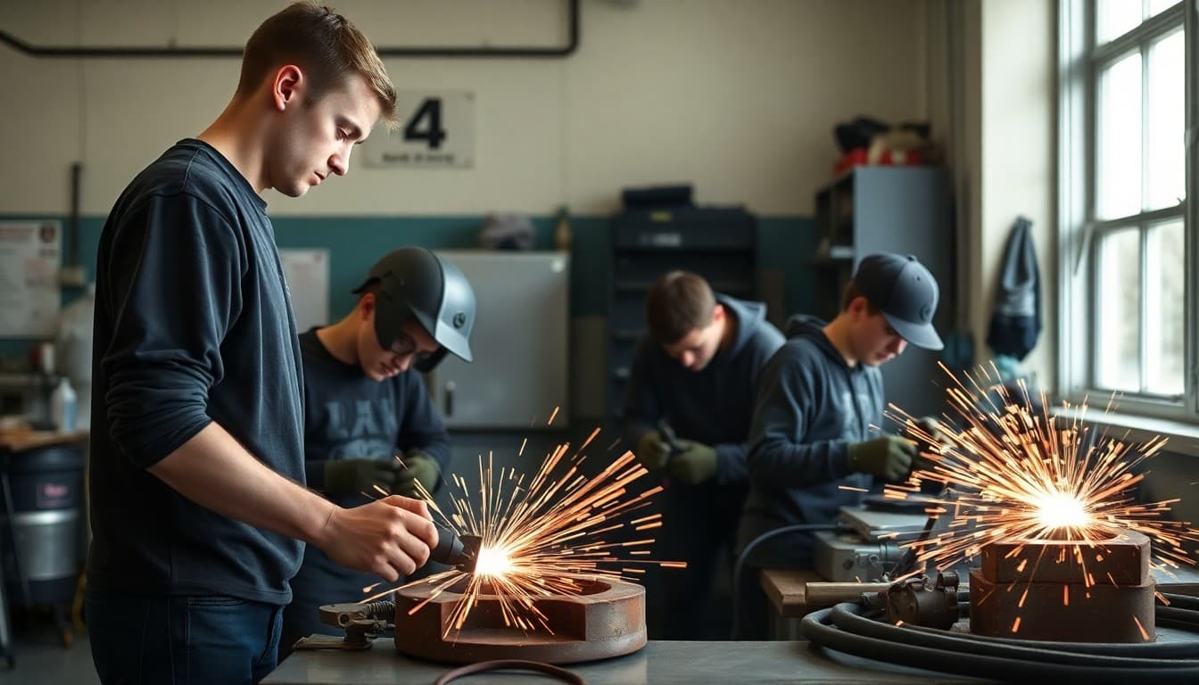 High school welding class students working on hands-on projects in a well-equipped welding class lab with safety equipment visible