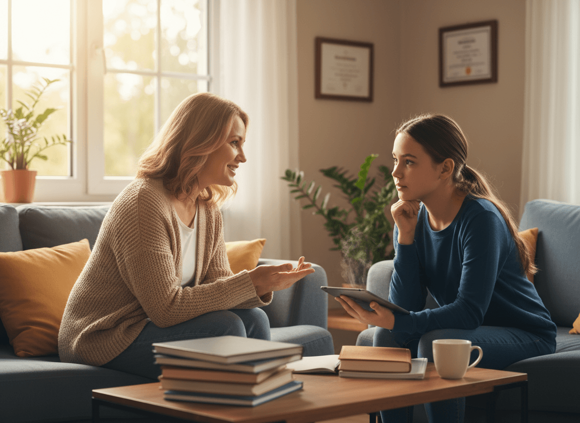 Parent and teenager having a conversation at home