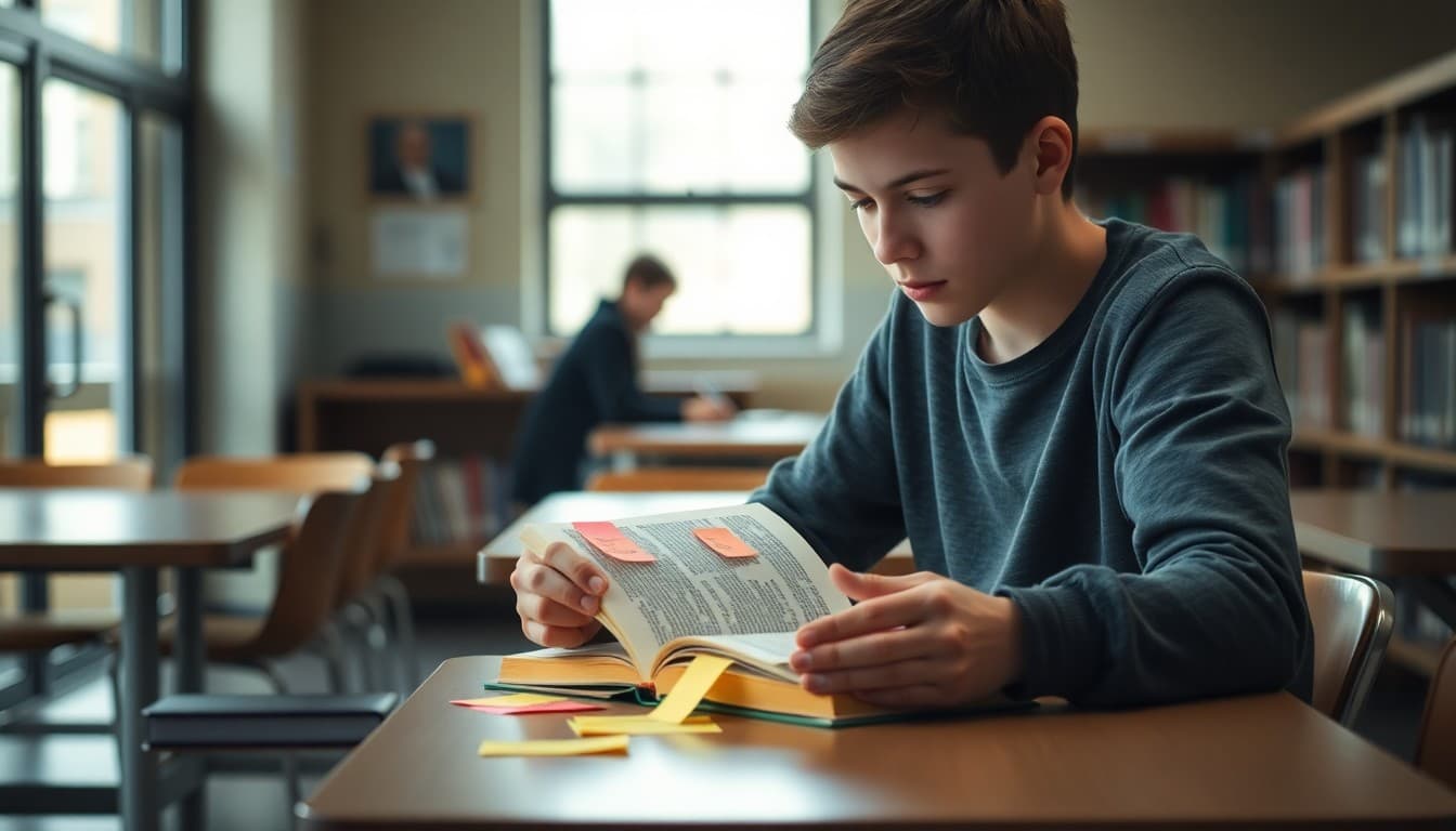 10th grade student annotating a novel with sticky notes at a library desk