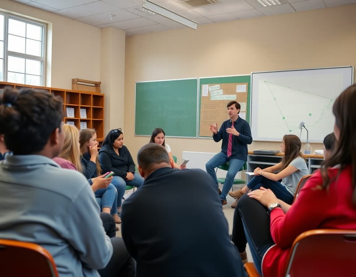 High school teacher facilitating a Socratic seminar with 10th grade students sitting in a circle
