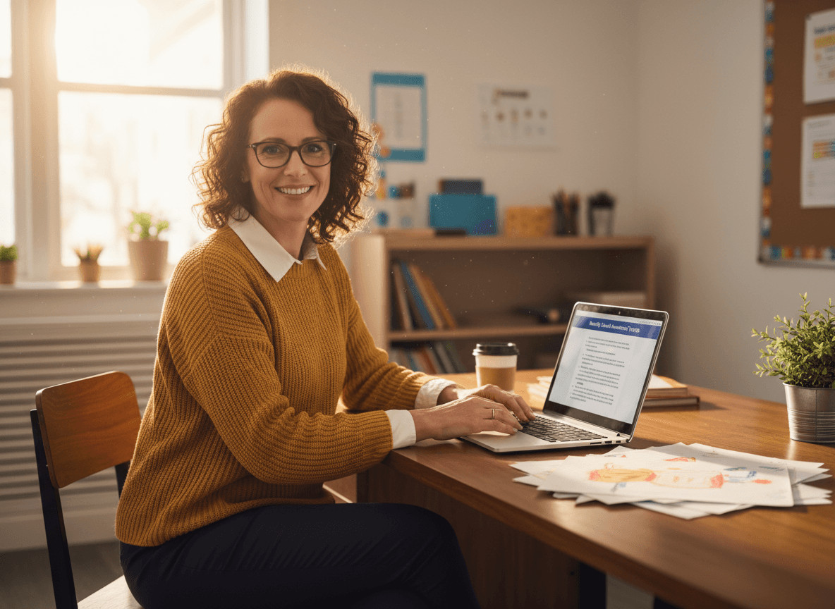 Teacher reviewing newsletter topics on a laptop