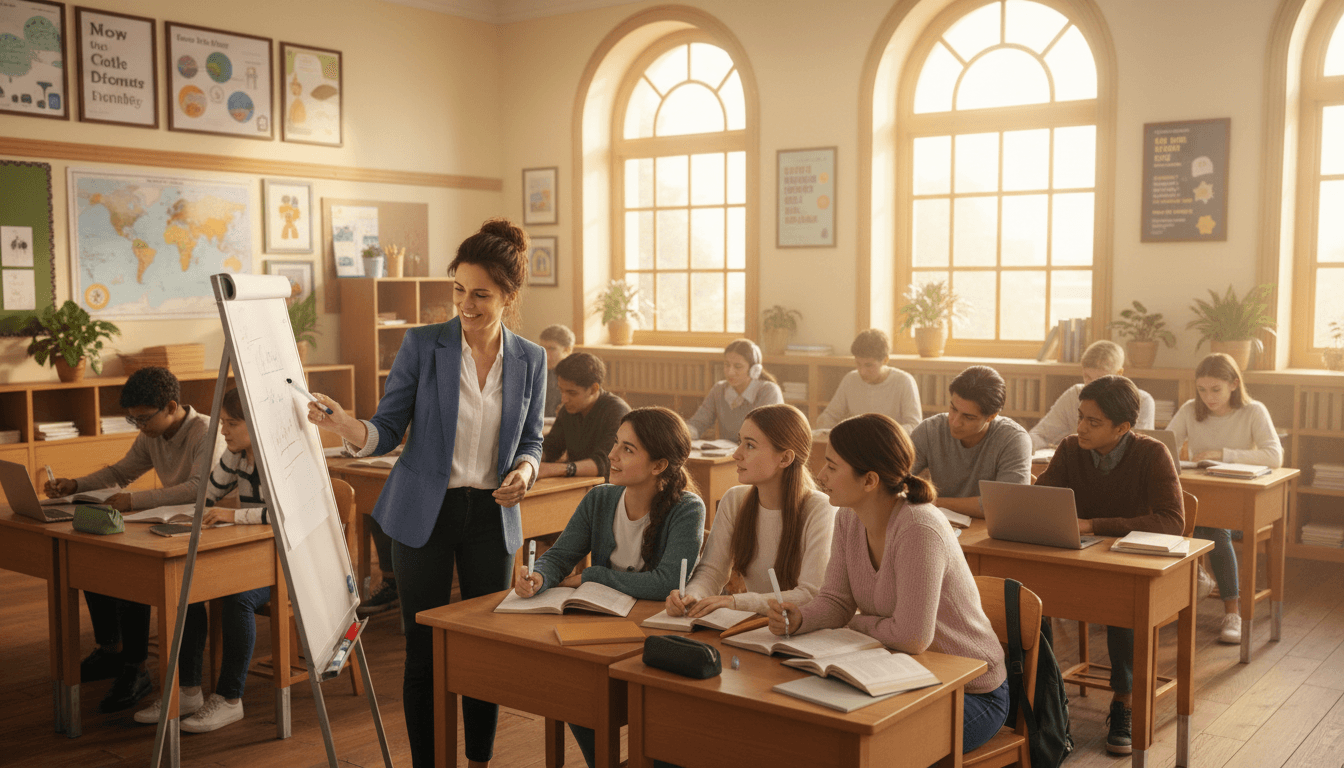 A high school classroom with students working at desks
