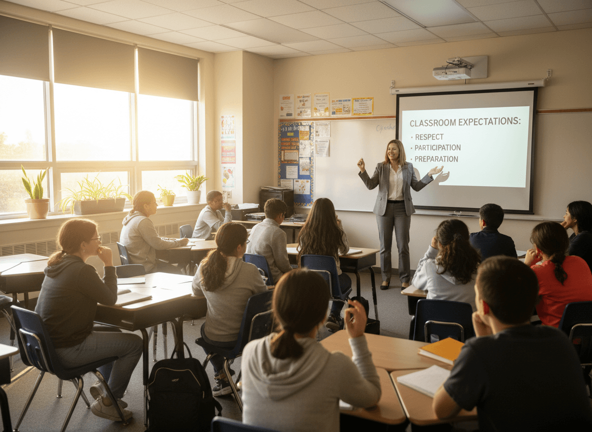 Teacher reviewing classroom expectations with sophomore students at the start of the year