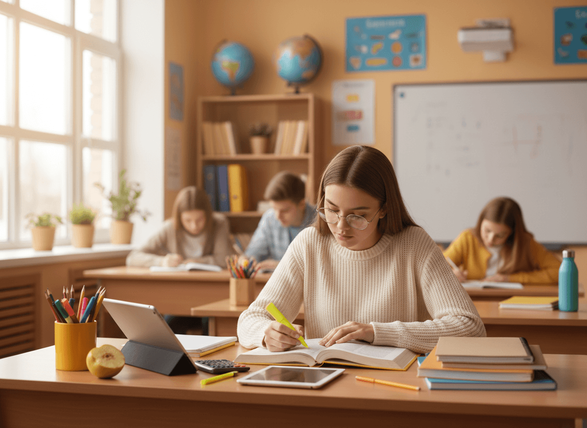 Tenth grade student reviewing course materials at a desk
