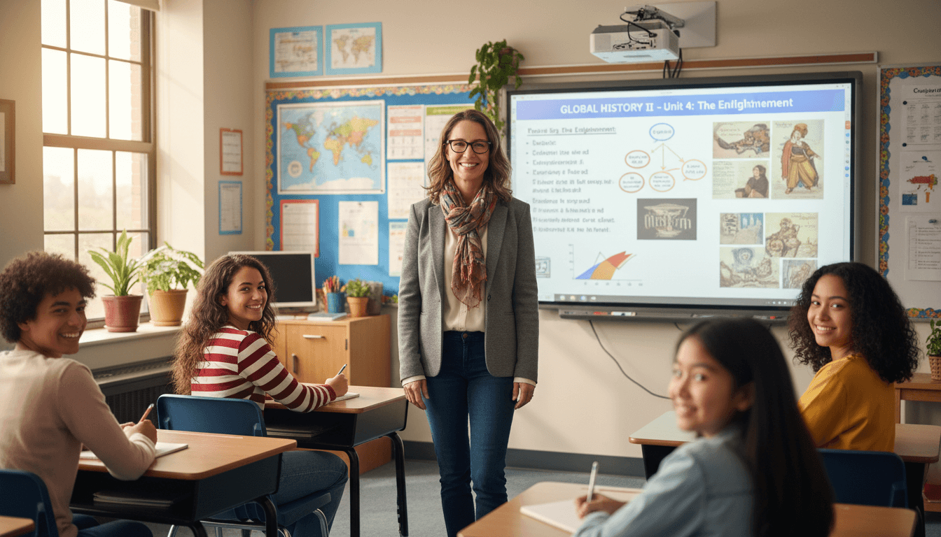 A high school teacher standing in front of a board with course materials displayed