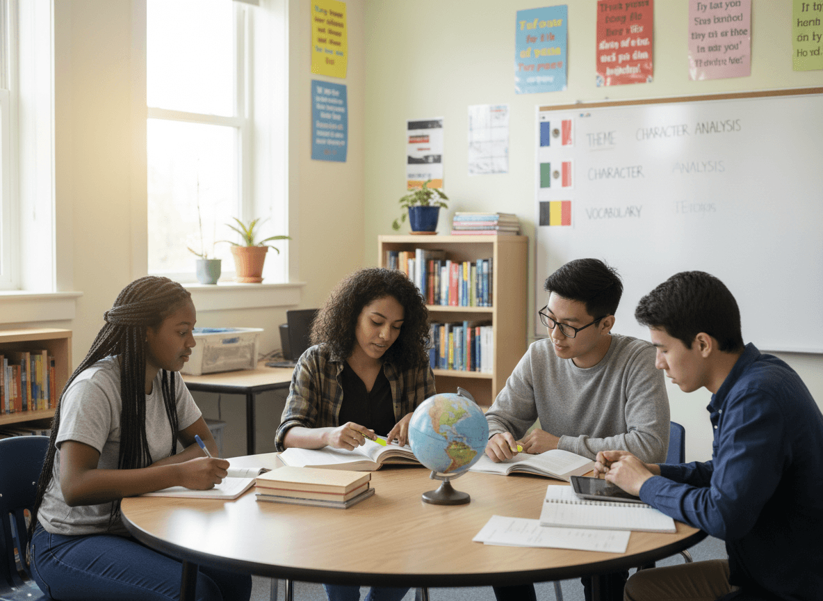 Multilingual students in a sophomore ELL class collaborating on a reading assignment