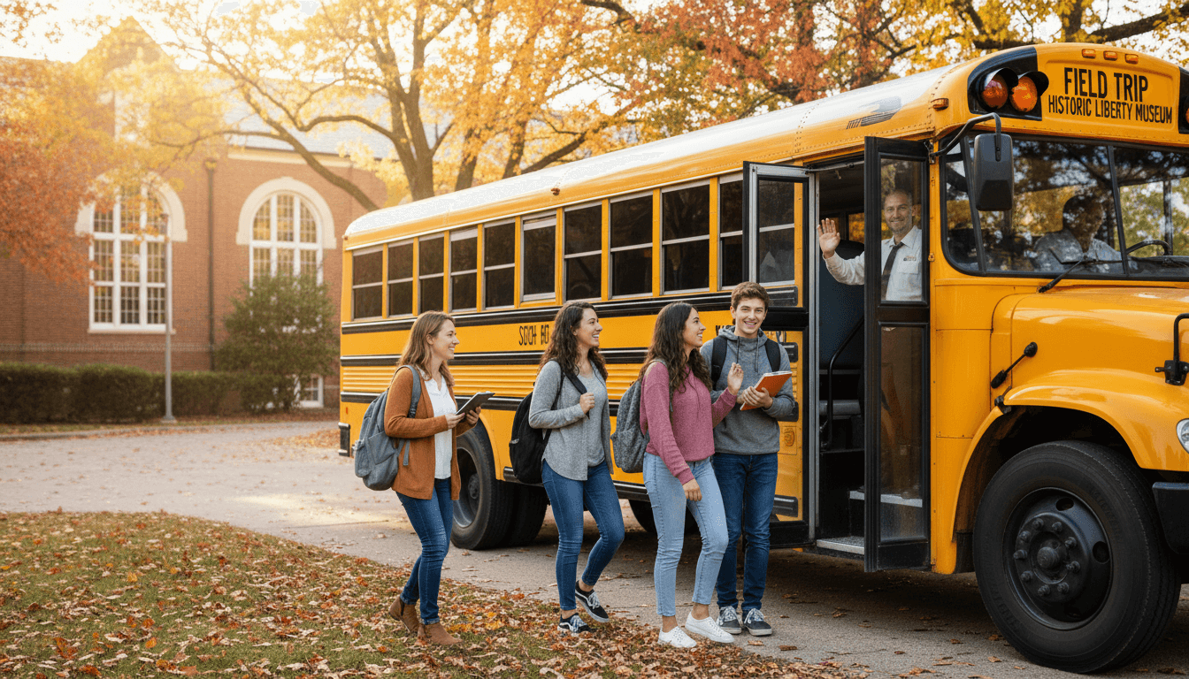10th grade students boarding a school bus for an educational field trip in the fall