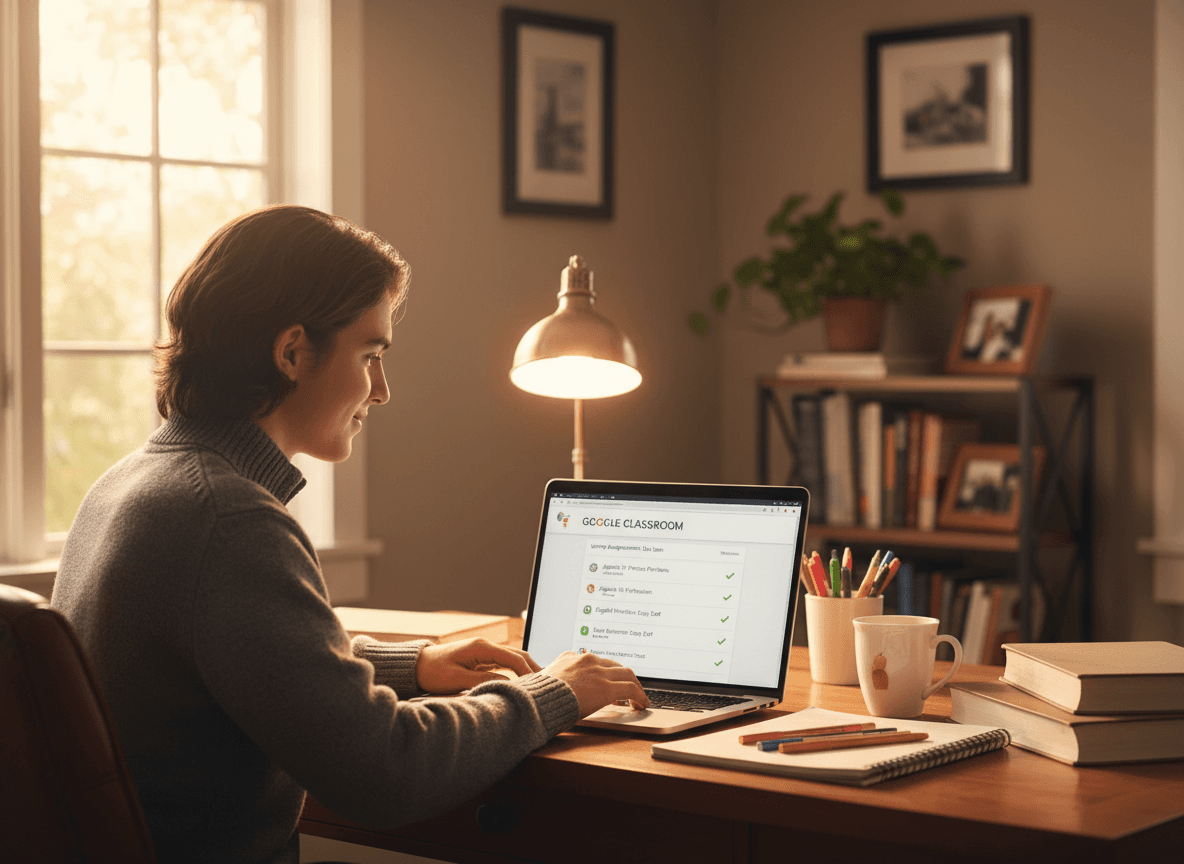 10th grade student checking assignments on Google Classroom before finishing evening homework