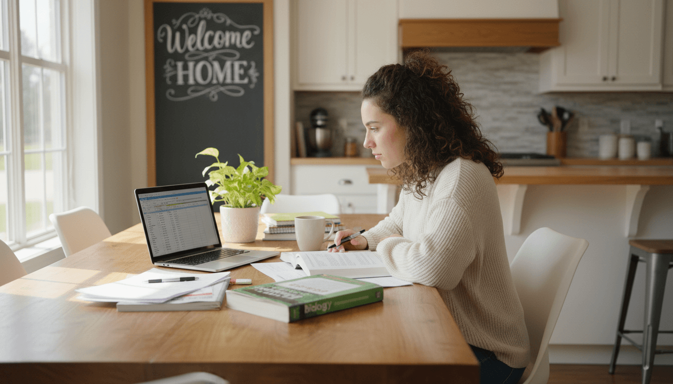 Sophomore student working on homework at a kitchen table with a laptop and textbooks open