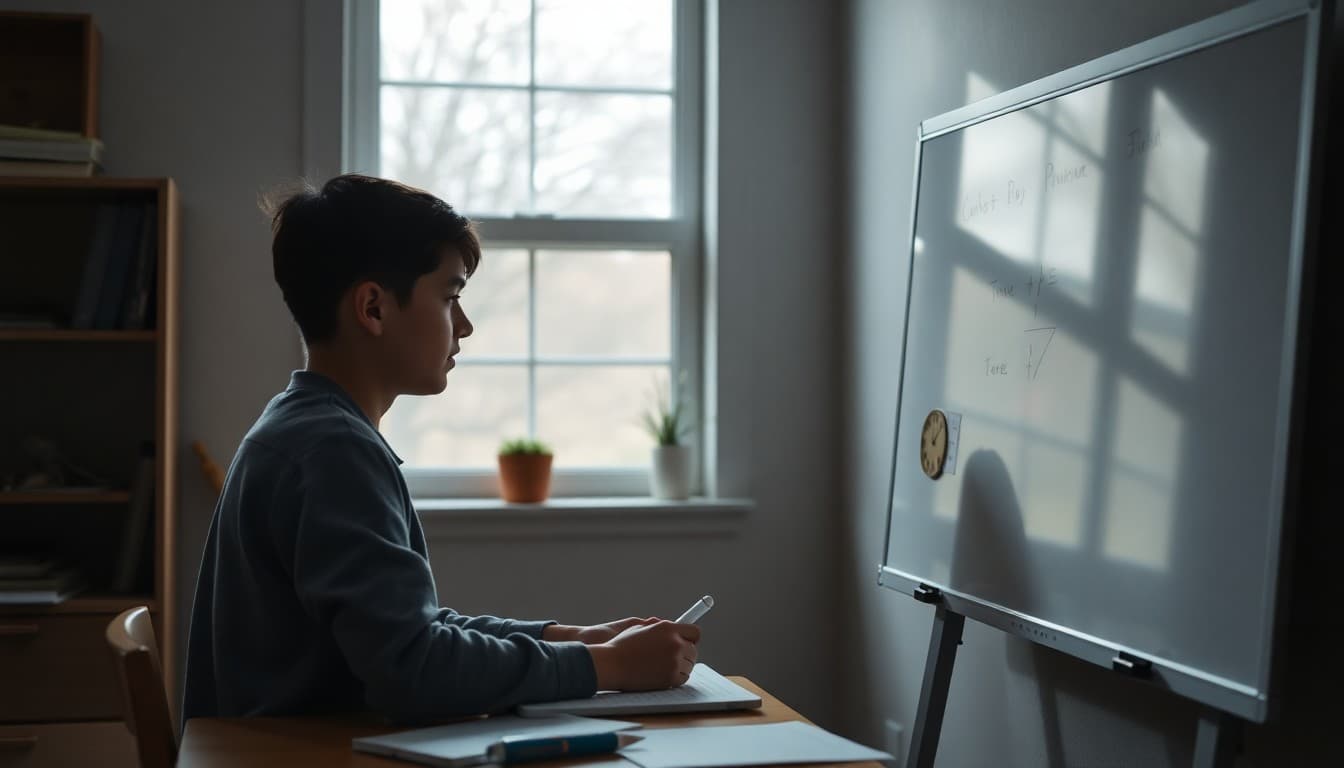 10th grade student working through geometry proofs on a whiteboard at home