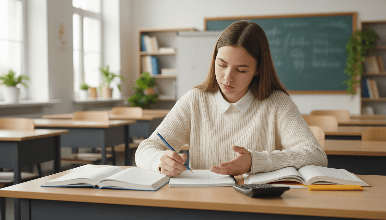 A high school student working through math problems at a desk