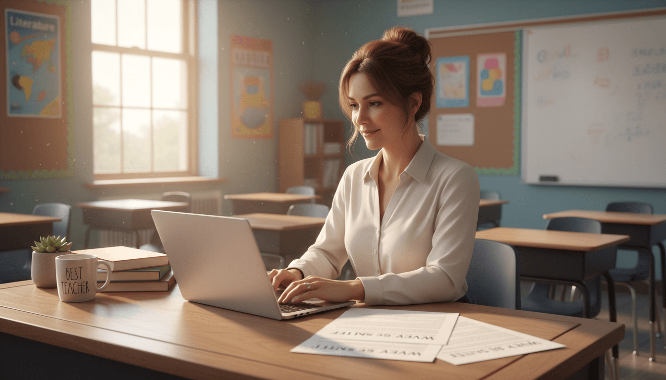 A high school teacher writing a newsletter at a desk with a laptop