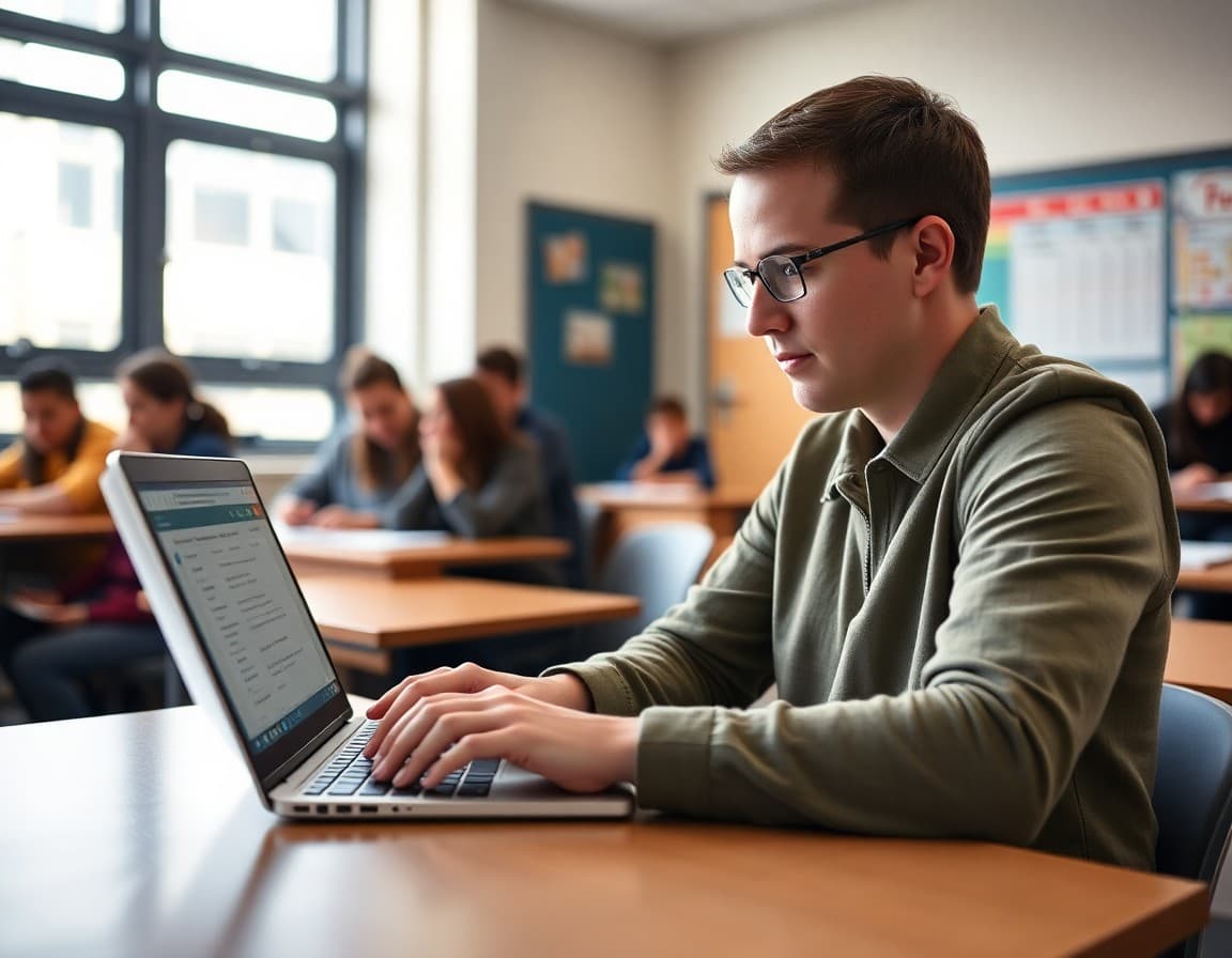 10th grade teacher updating grades in a gradebook portal on a laptop