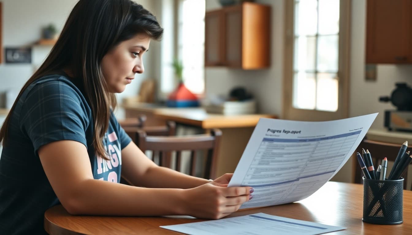 Parent and 10th grade student reviewing a progress report together at a kitchen table