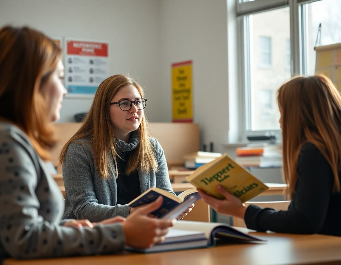 English teacher conferencing with a 10th grade student about their independent reading choice