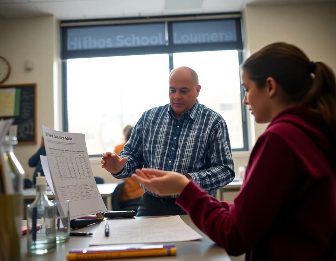 Science teacher reviewing a 10th grade student's data table for a science fair project