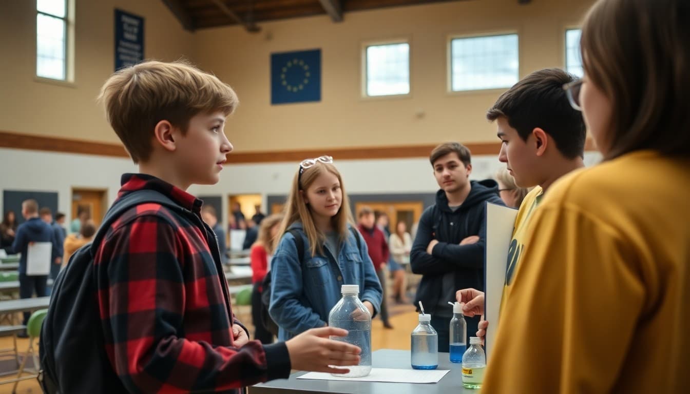 10th grade students presenting science fair experiments in a high school gymnasium to judges