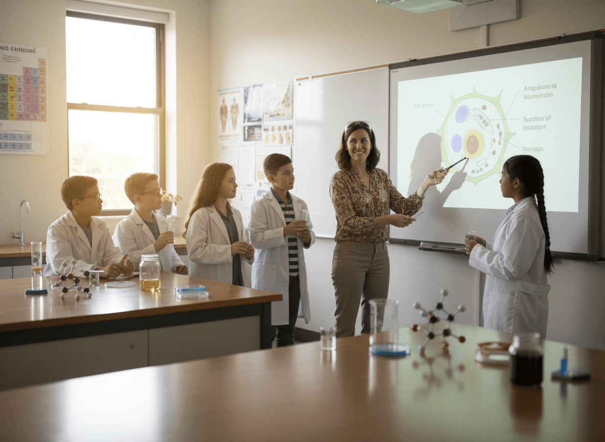 Sophomore science teacher explaining a biology diagram to students before a lab activity