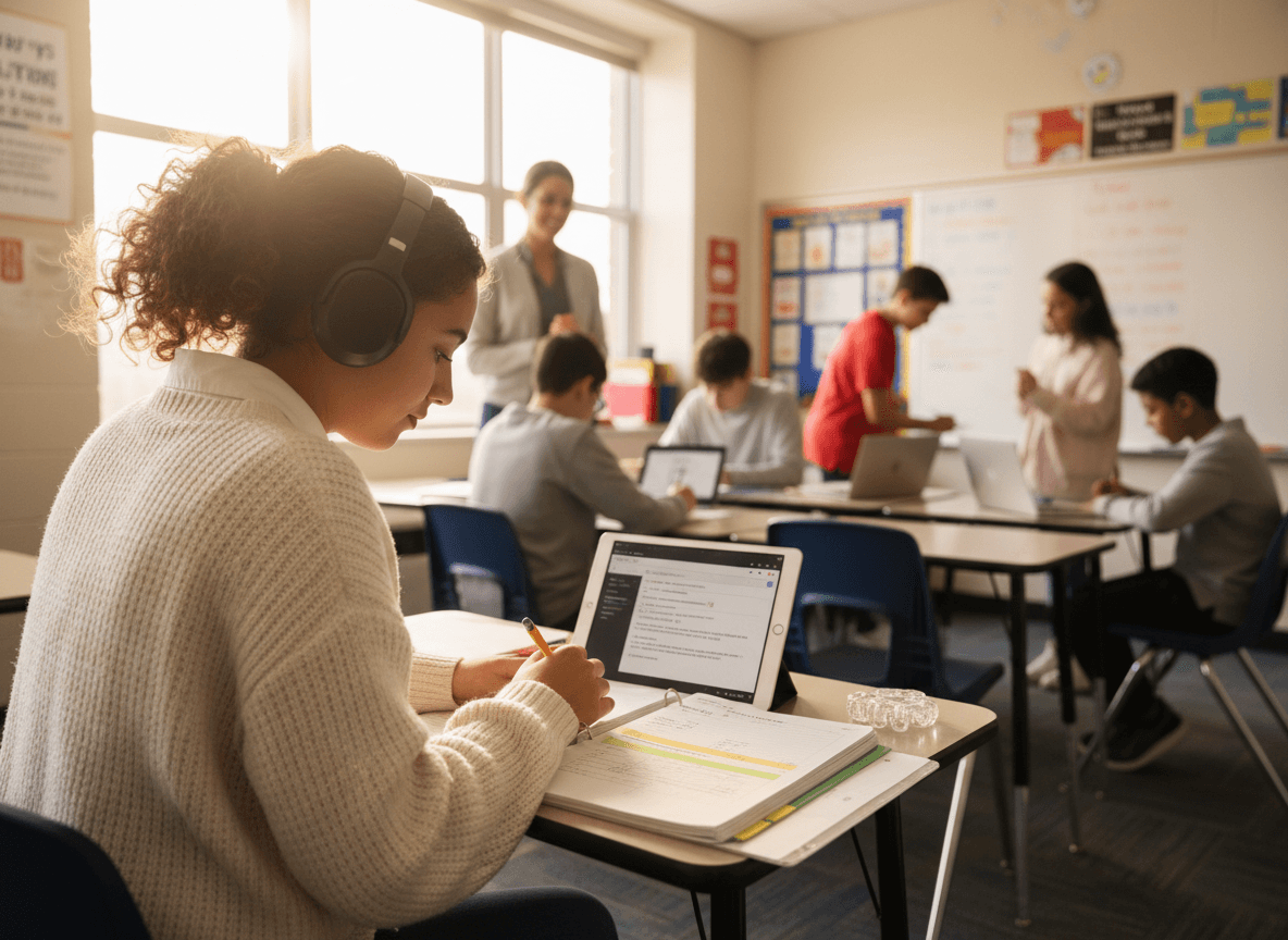 Sophomore student with an IEP working independently in a general education classroom with accommodations in place