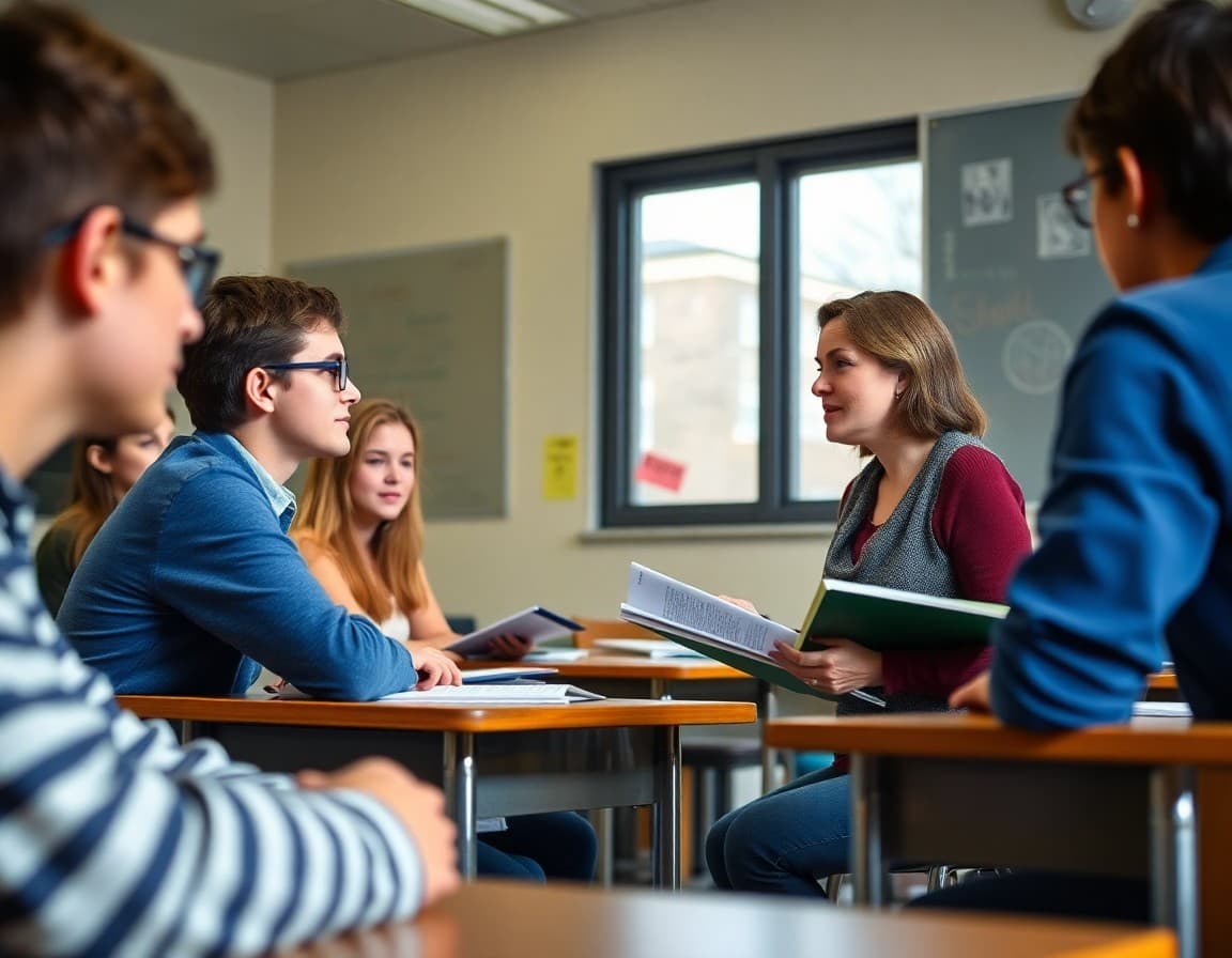 English teacher discussing vocabulary study strategies with a 10th grade class
