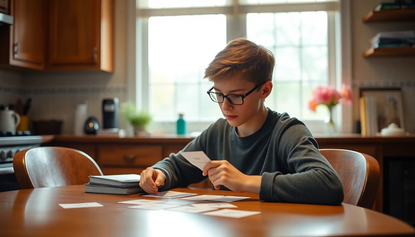 10th grade student using flashcards to study vocabulary words at a kitchen table