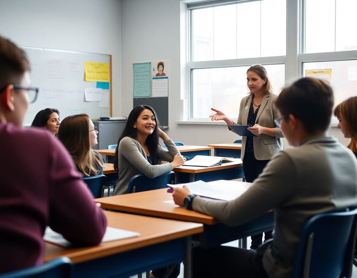 School counselor walking 10th grade students through PSAT preparation in a classroom