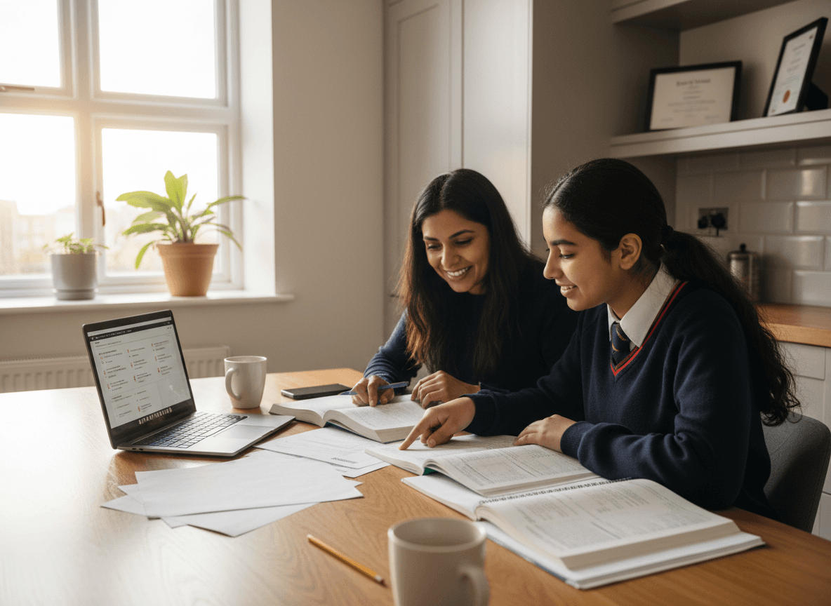 Parent and student reviewing test prep materials at a kitchen table