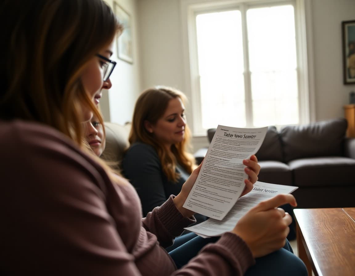 Tennessee parent reading a teacher newsletter on a phone at home in a suburban setting