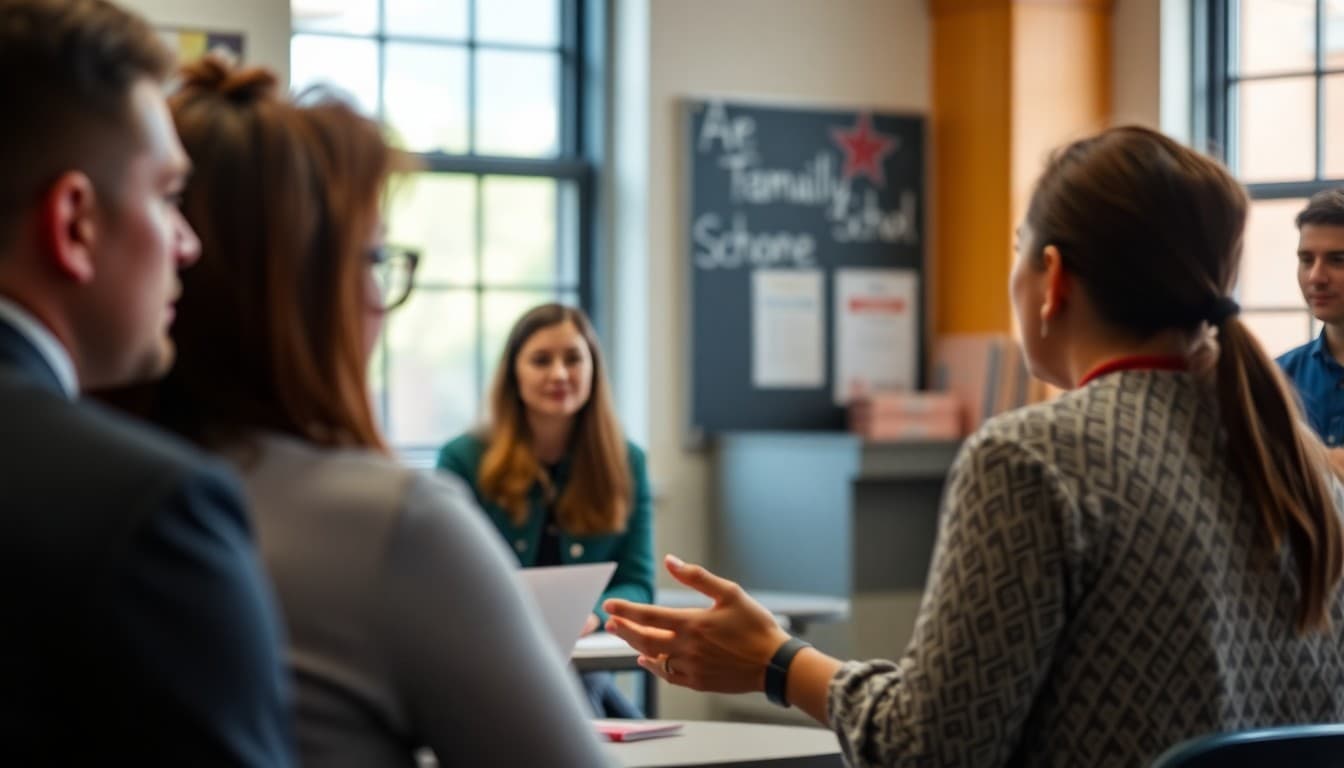Tennessee high school teacher at a Nashville area school explaining Tennessee Promise to parents at a family night