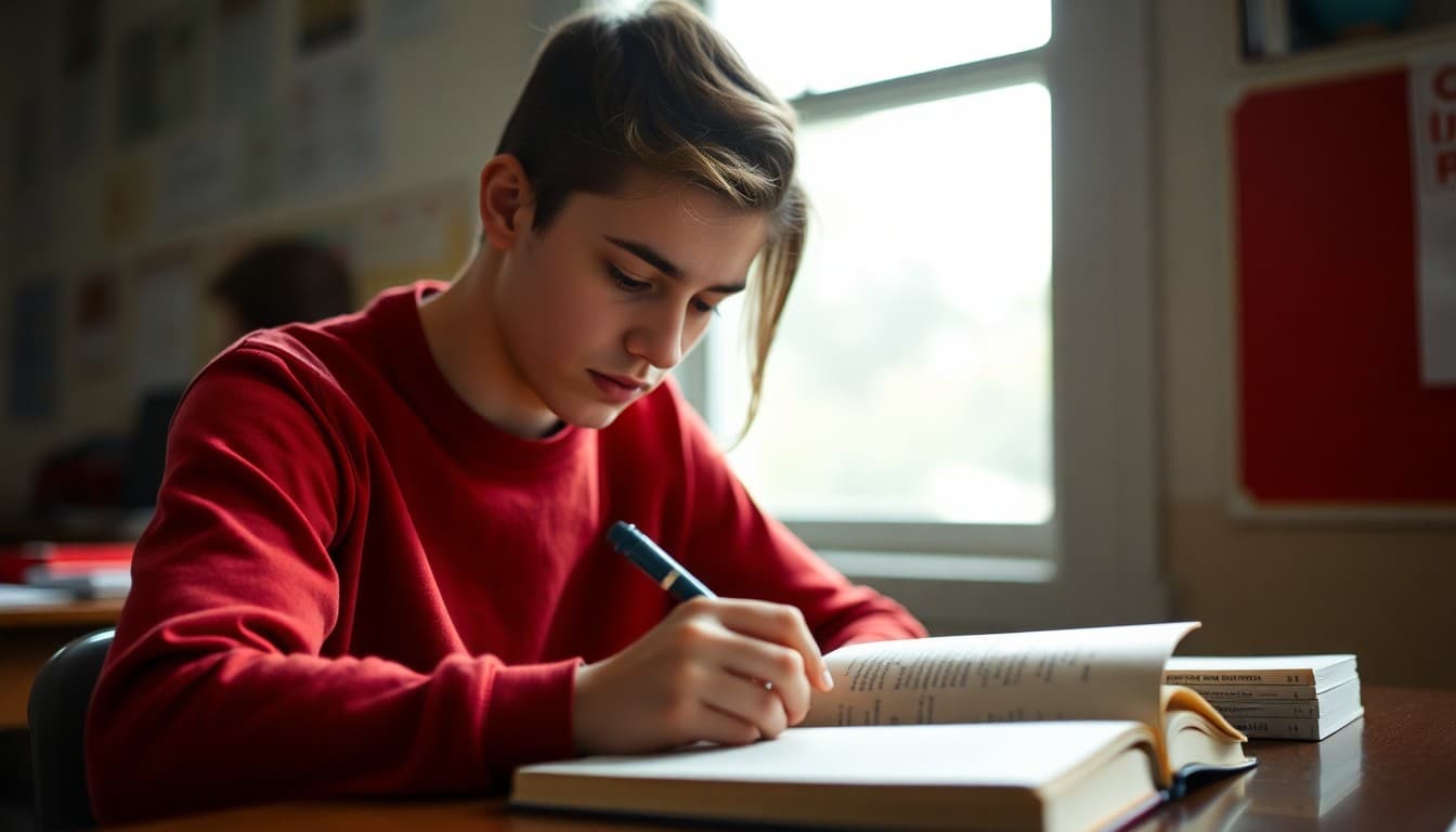 12th grade student deeply engaged in reading and annotating a book for a senior English analysis paper