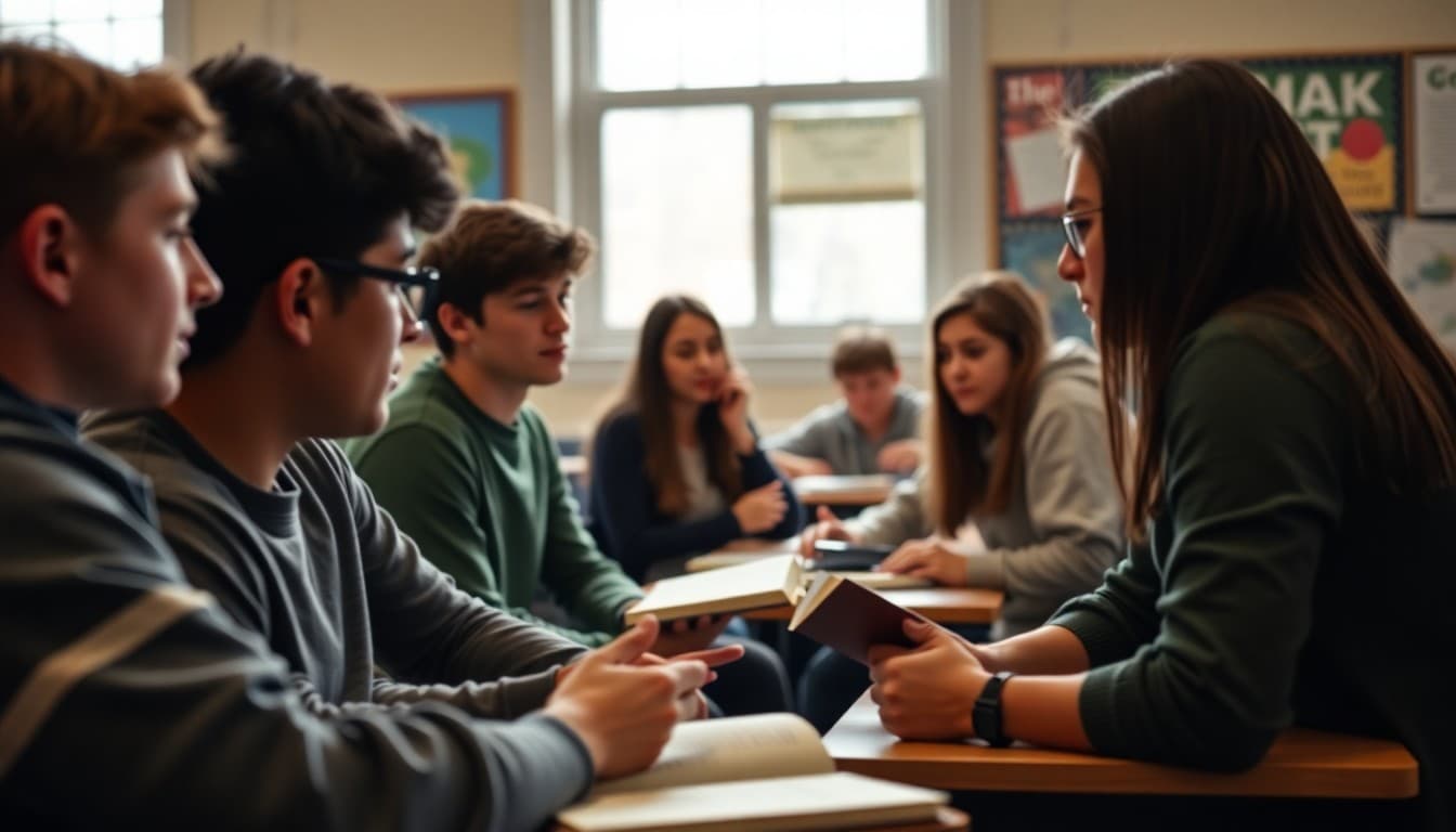 12th grade students in a senior seminar engaged in a serious discussion about literature and ideas