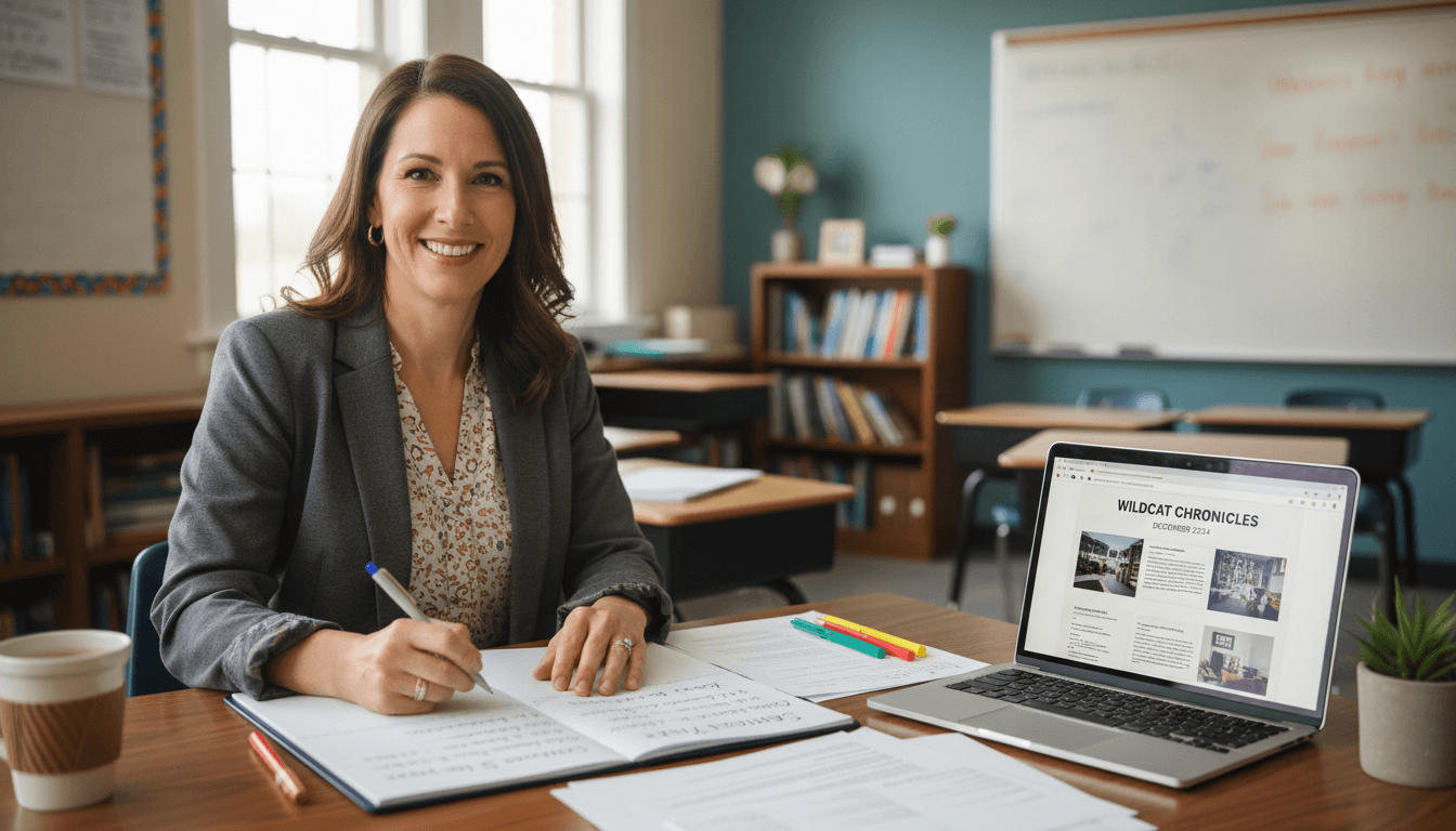 12th grade teacher at a high school desk planning monthly newsletter content for senior year parent communication