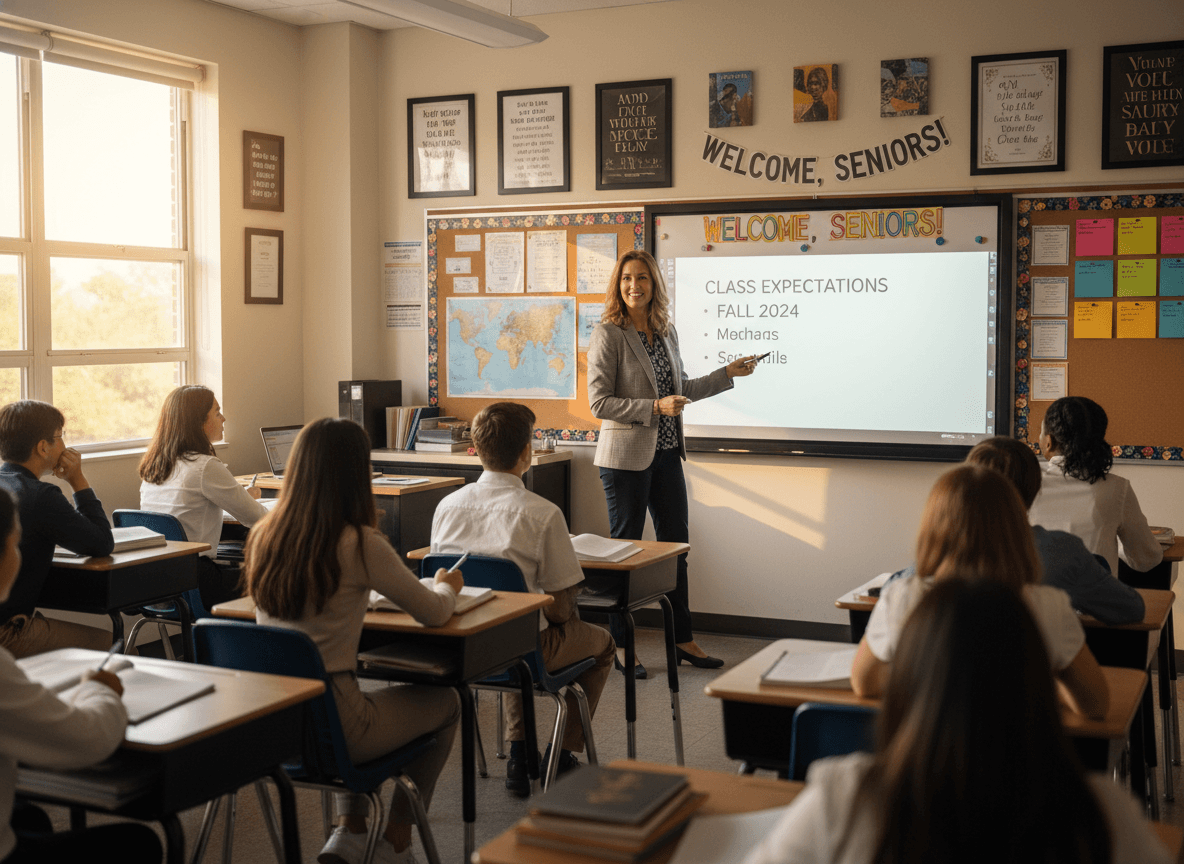 Senior year teacher reviewing classroom expectations with 12th grade students at the start of the school year