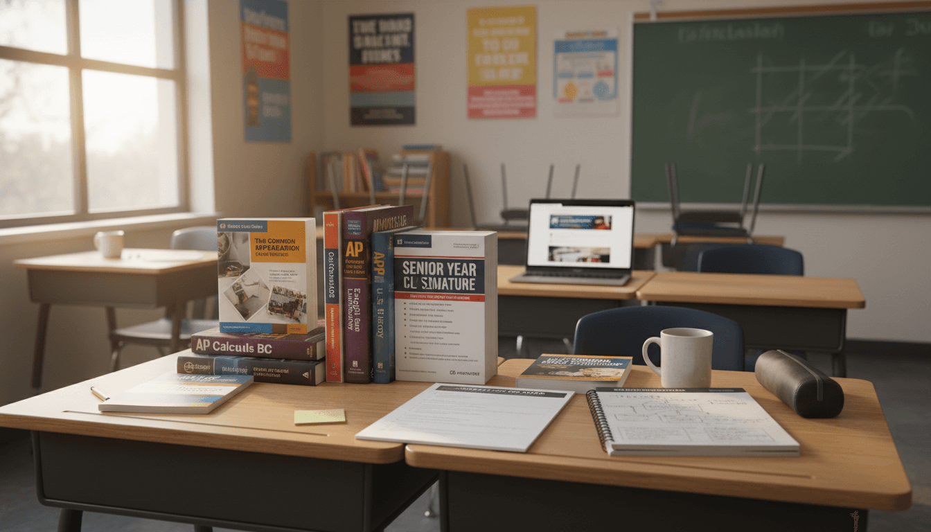 Senior year curriculum materials including AP textbooks, a syllabus, and college prep resources arranged on a classroom desk