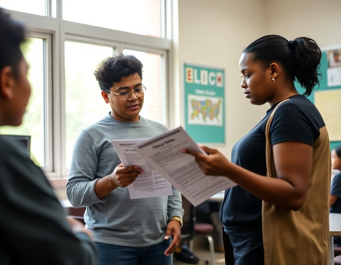 High school ELL teacher reviewing bilingual newsletter content for senior year families