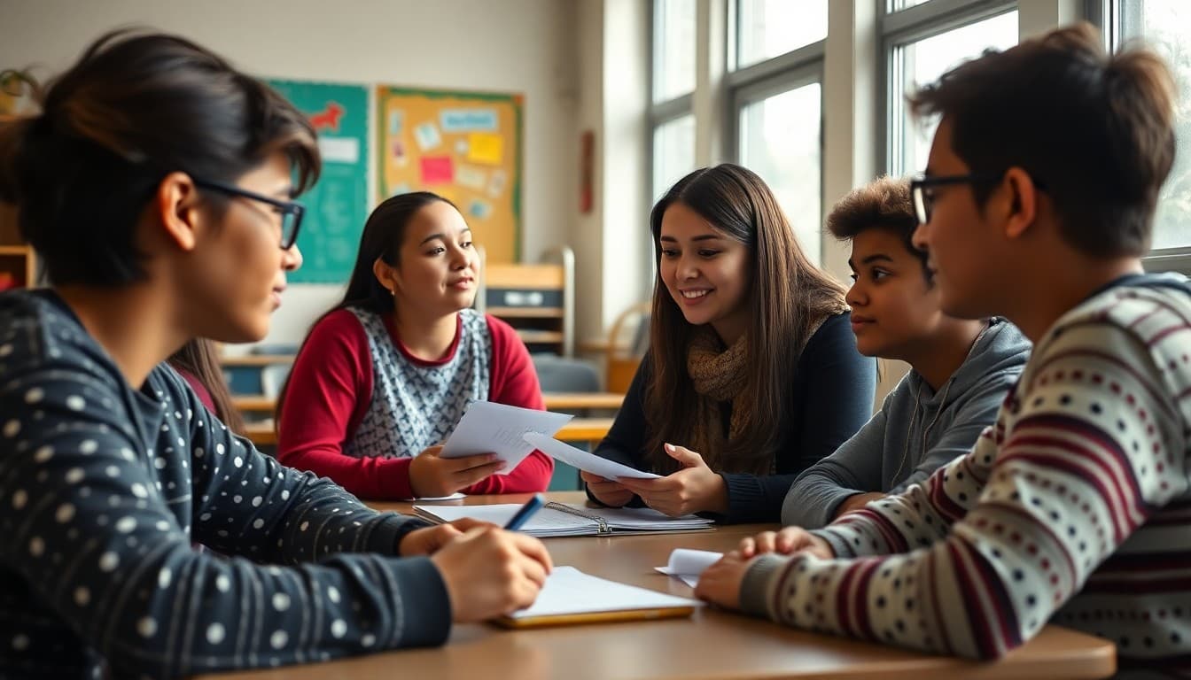 ELL teacher working with twelfth grade multilingual students in high school classroom