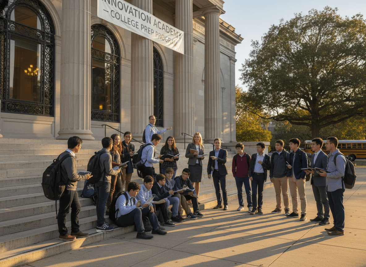 Senior year students gathered outside a museum or professional facility on an educational field trip
