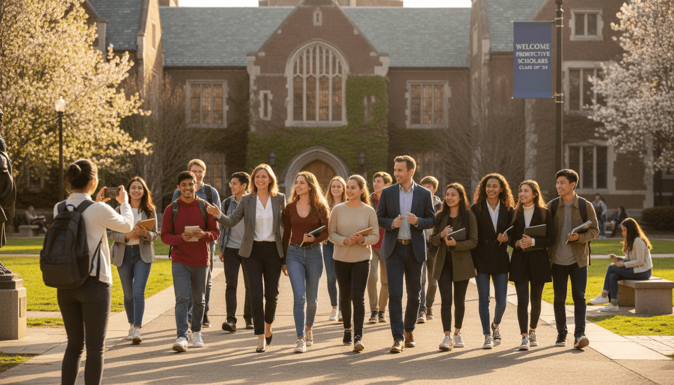 12th grade students on a college campus tour as part of a senior year field trip experience