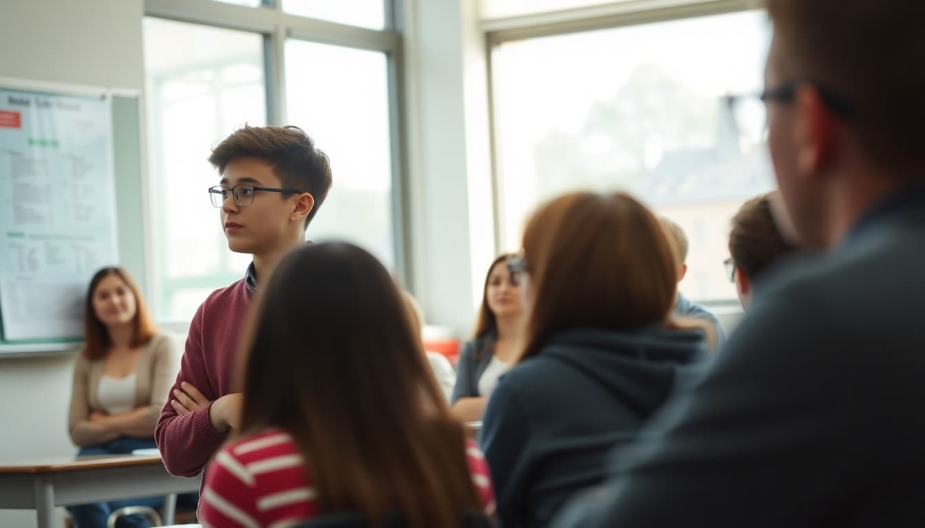 Senior gifted student presenting research project to high school class audience