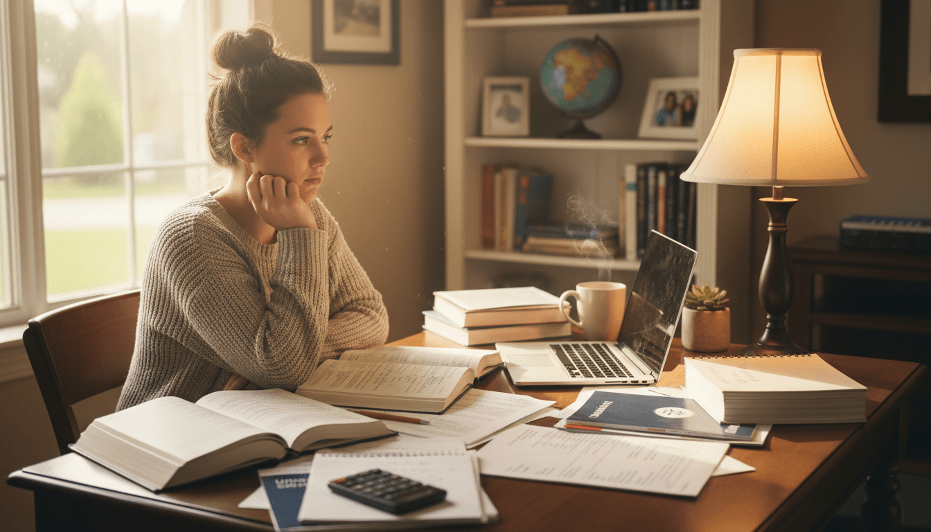 Senior high school student working on homework assignments alongside college application materials at a home desk