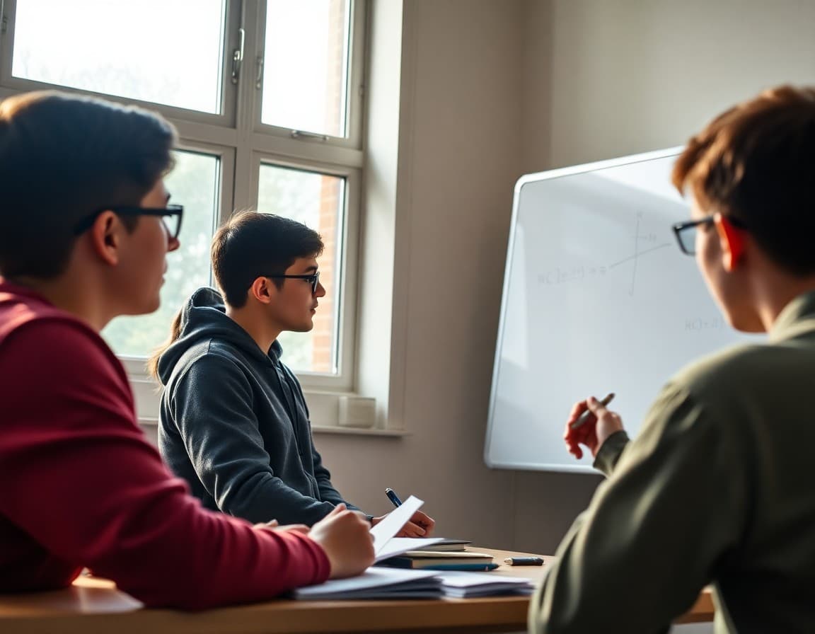 AP Calculus teacher reviewing integration techniques with senior students on a whiteboard