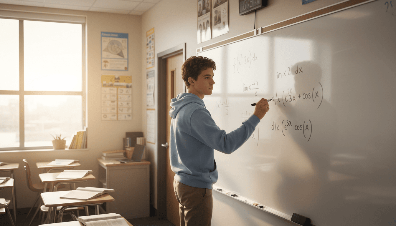 12th grade student working through a calculus problem at a high school math classroom whiteboard