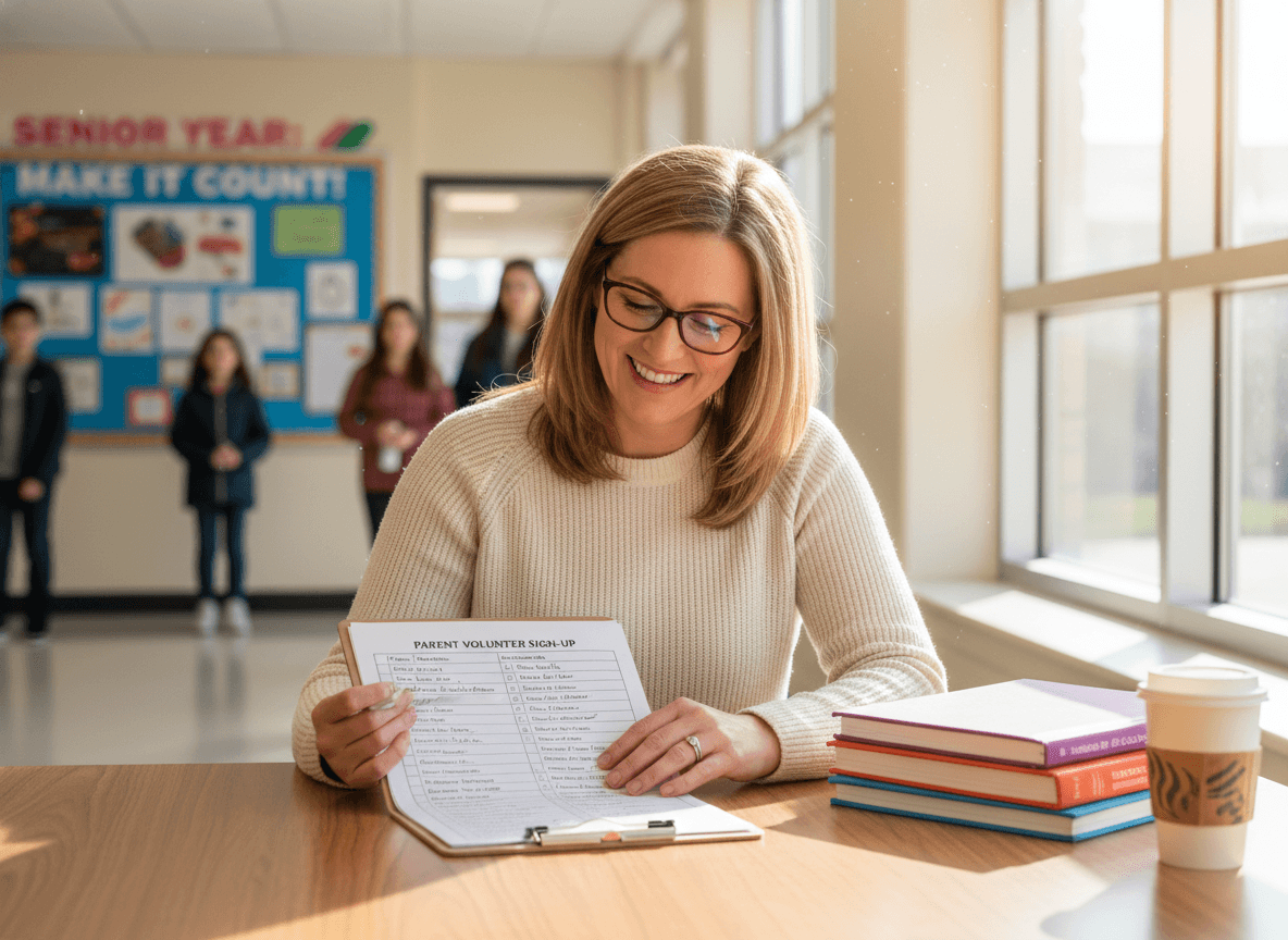 12th grade teacher reviewing a parent volunteer sign-up form for senior year events