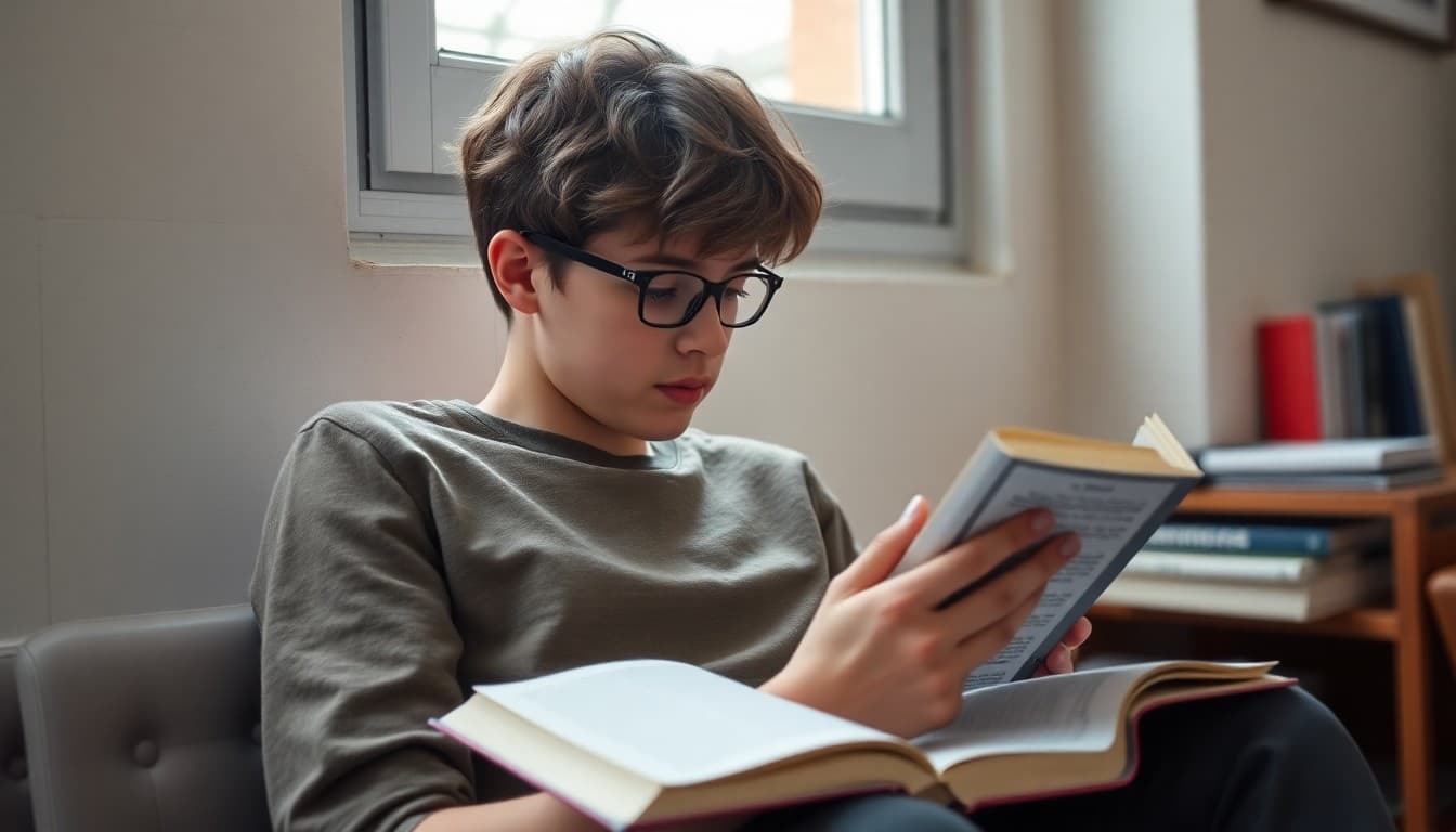 Senior student reading a literary novel independently at home, with a notebook for reading log entries