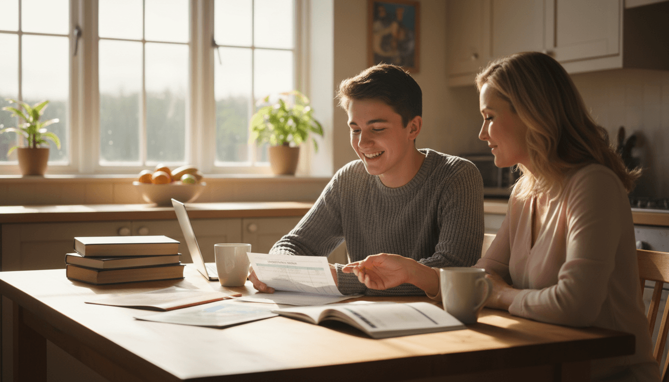 High school senior student reviewing a report card with a parent at a kitchen table during 12th grade