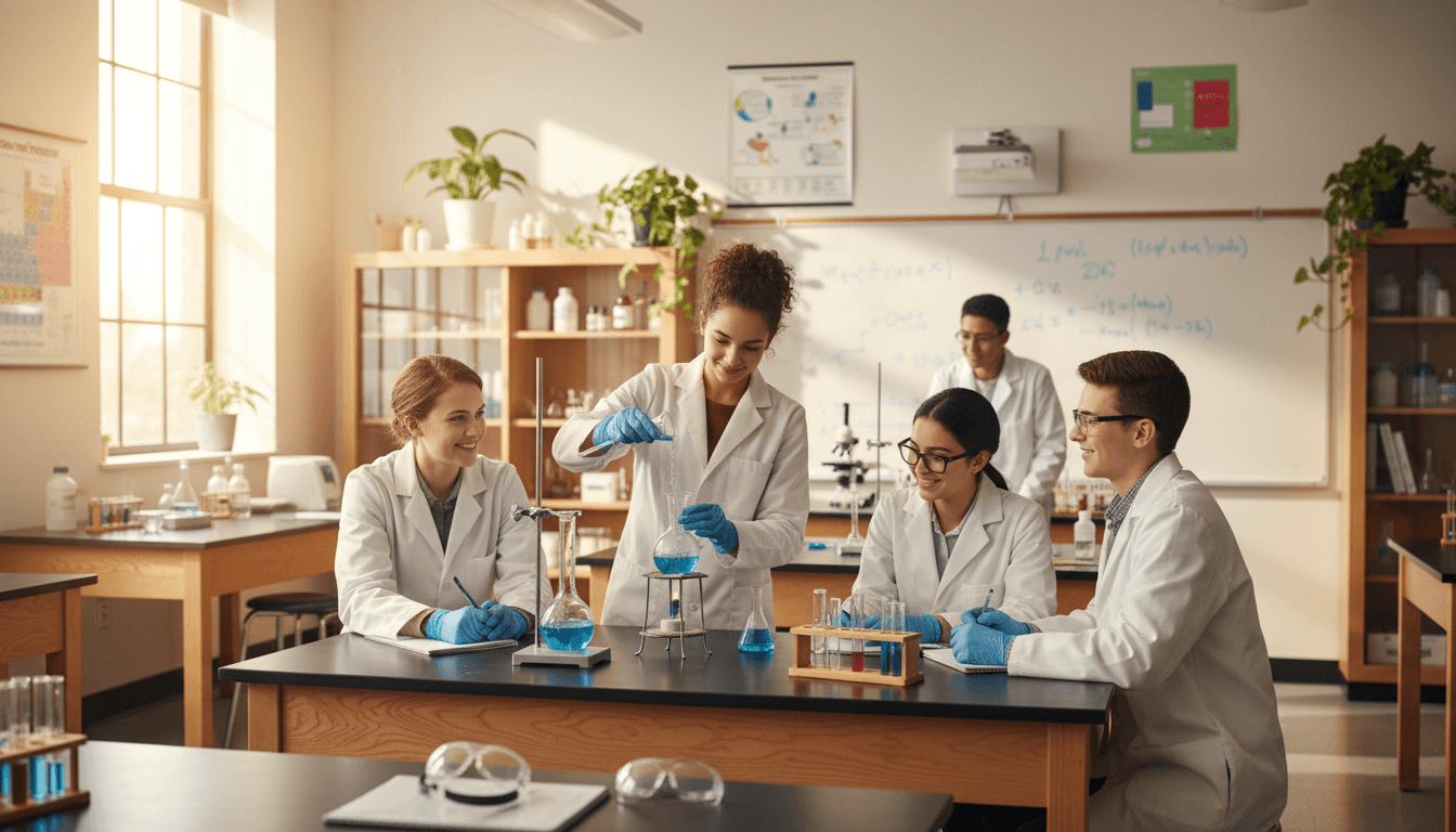 Senior year students conducting a chemistry lab experiment in a high school AP science classroom