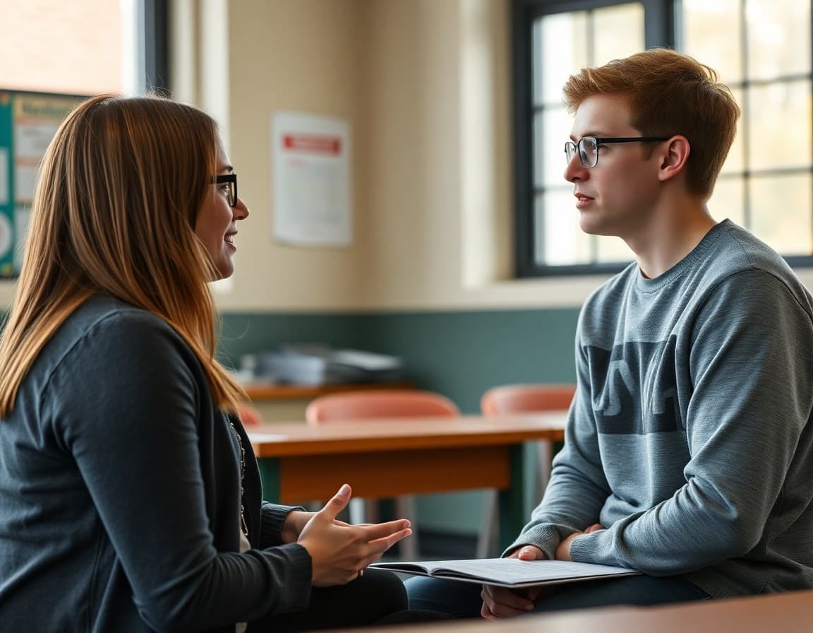 High school counselor meeting with a senior student to discuss the social transition to college life