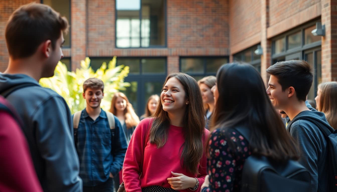 Senior students gathered at a farewell event in the school courtyard, laughing and talking